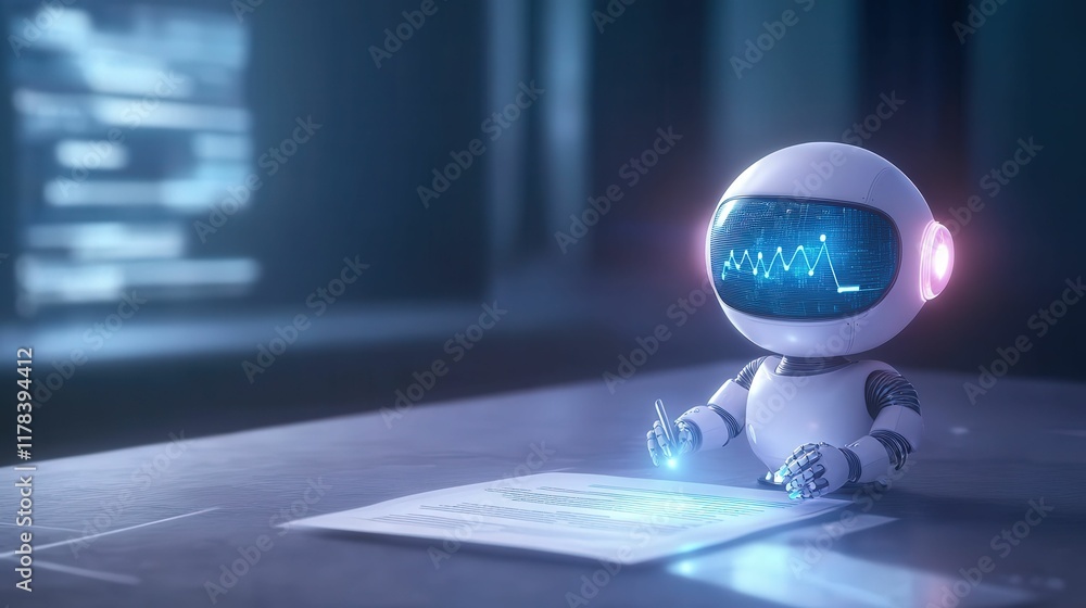 Poster a small robot with a glowing screen for a face sits at a table, writing on a sheet of paper in a fut
