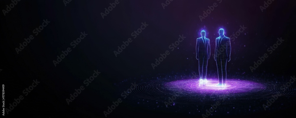 Poster two glowing silhouettes stand in a colorful light aura against a dark background, creating a strikin