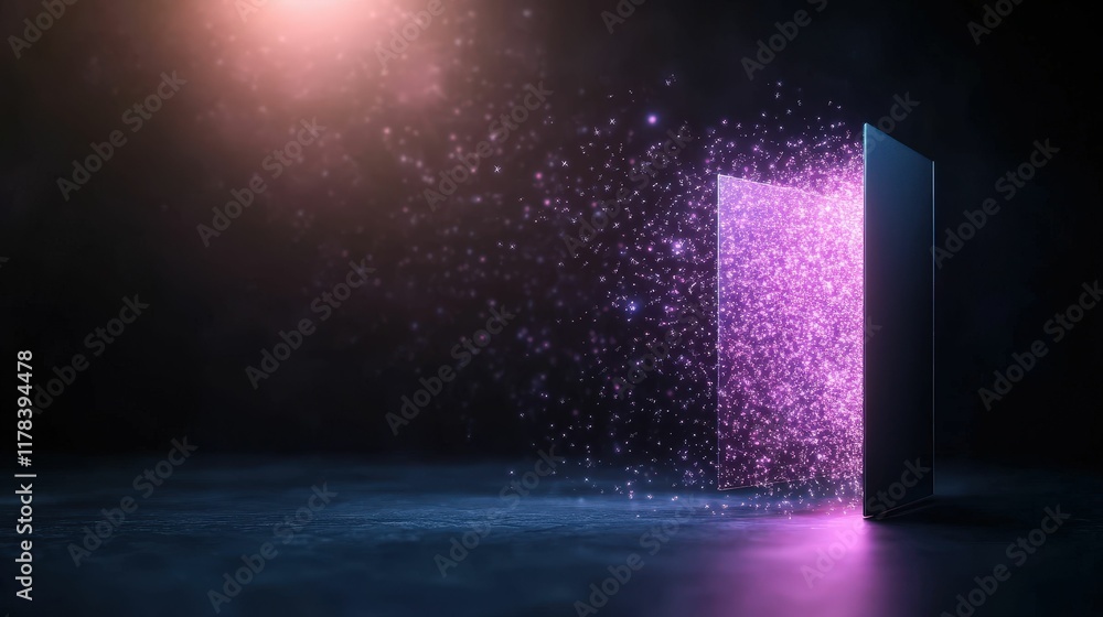 Poster a glowing doorway in a dark space emits vibrant particles, creating a mystical atmosphere of wonder 