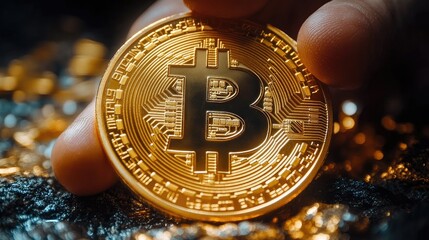 Hand holds golden cryptocurrency coin over dark, scattered nuggets for finance use.