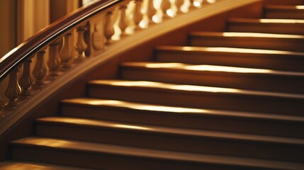 Elegant Wooden Staircase with Warm Light Reflection in an Upscale Interior, Showcasing Architectural Details and Luxurious Atmosphere