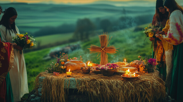 Brigid's Day celebration in rural Ireland, small altar decorated with Brigid's cross made of straw, candles burning around it, women in traditional clothes carrying offerings of flowers and bread