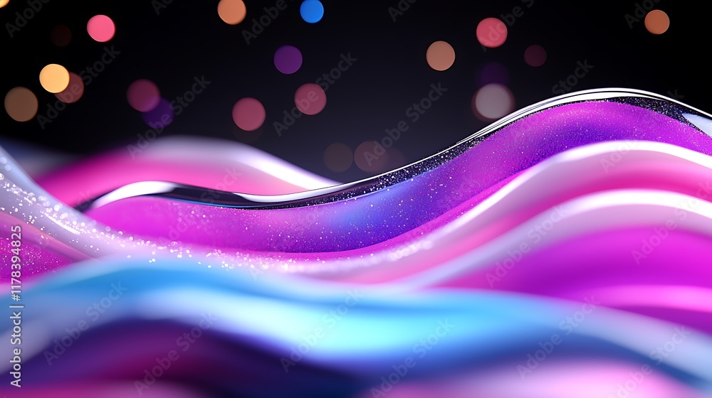 Poster abstract colorful wavy lines with glitter and bokeh lights.