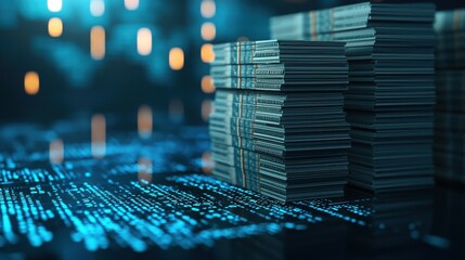 Financial hub trends gold coins dollar bills and digital space