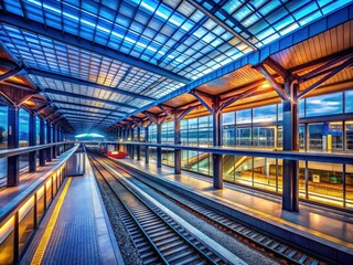 Modern train station design rendered in macro detail, showcasing steel, glass, and concrete.