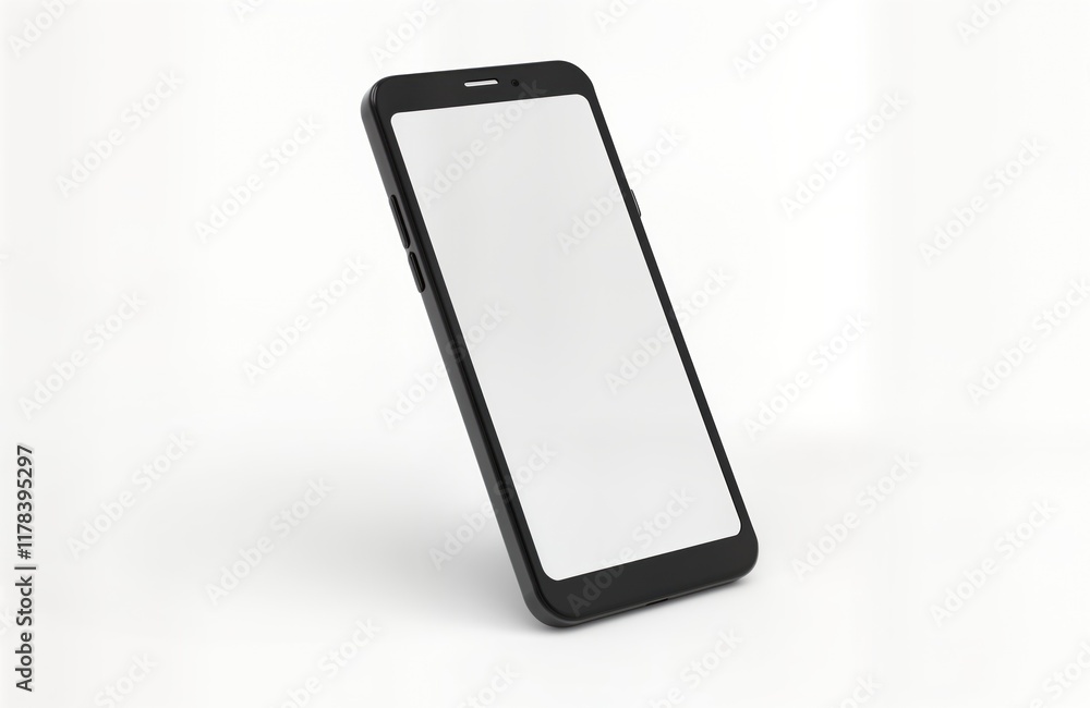 Poster Blank smartphone mockup shows latest tech style. Modern device with empty display. Versatile design for digital communication. Great for marketing, web design projects. Isolated view for mockup