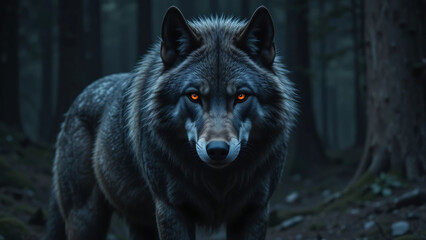 Obraz premium Fearsome wolf in dark forest, eyes of fire
