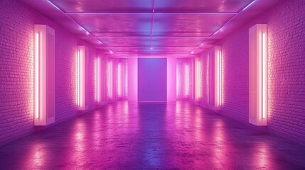 Fototapeta premium Neon Lit Brick Corridor With Purple And Blue Lighting