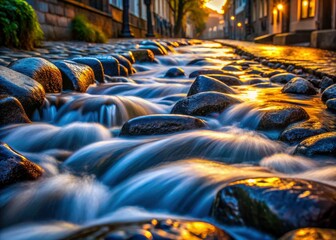 Obraz premium Rapid river's motion captured: blurred water streaks over close-up cobblestones.