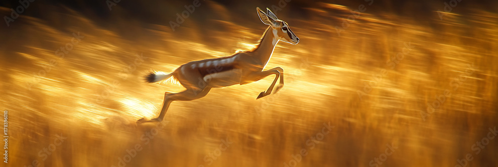 Poster an antelope leaping through tall grass, its motion captured in abstract lines and shapes, symbolizin