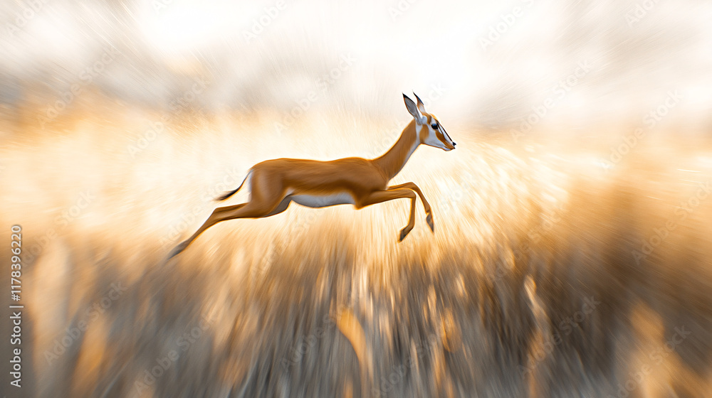 Poster an antelope leaping through tall grass, its motion captured in abstract lines and shapes, symbolizin