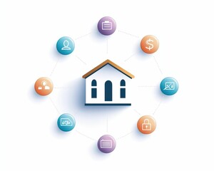 A modern graphic illustrating a house surrounded by various icons representing services and features related to home management.