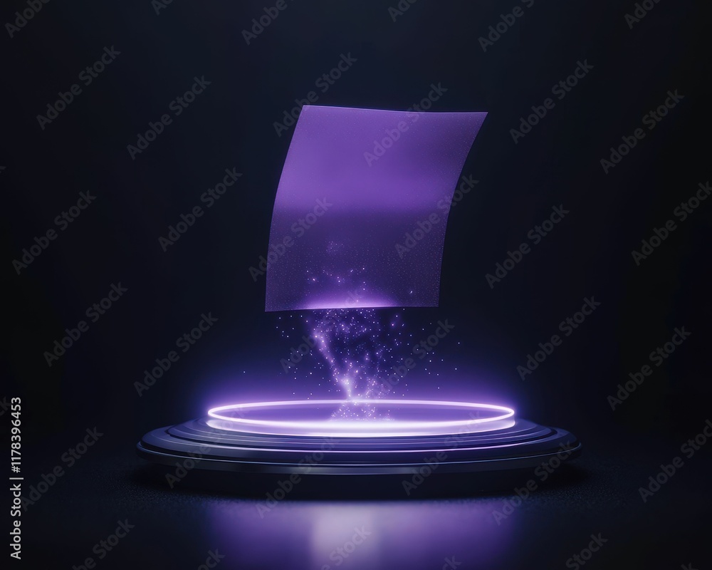 Poster a vibrant purple paper floats above a circular platform, surrounded by sparkling particles, creating