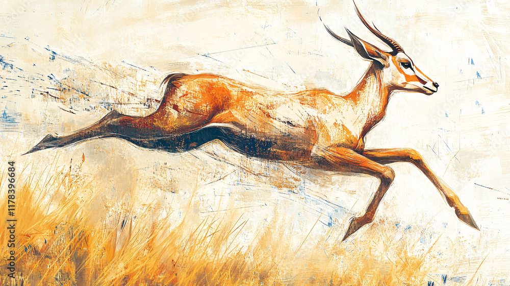 Poster an antelope leaping through tall grass, its motion captured in abstract lines and shapes, symbolizin