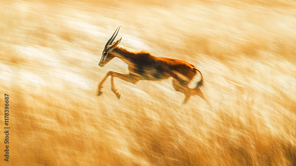 Poster an antelope leaping through tall grass, its motion captured in abstract lines and shapes, symbolizin
