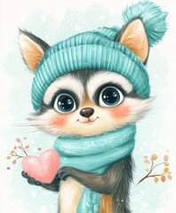 Obraz premium A charming giraffe dons a cheerful blue hat and scarf, gently cradling a bright red heart, spreading love and joy on Valentine's Day.