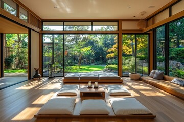 Fototapeta premium Serene Garden View: Modern Zen Interior Design with Sunlit Wooden Floors and Floor Cushions, Creating a Peaceful Atmosphere for Relaxation and Contemplation.