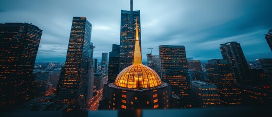 Fototapeta premium Illuminated Cityscape Futuristic Dome Skyscrapers Twilight