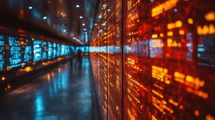 Illuminated screens line a corridor with blurred figures; for technological use.