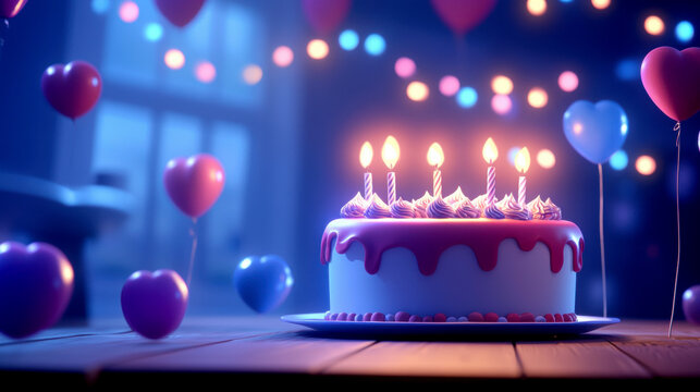 Colorful birthday cake with candles and festive decorations