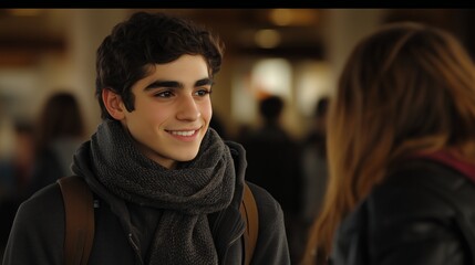 Smiling student boy looking at classmate in university hallway