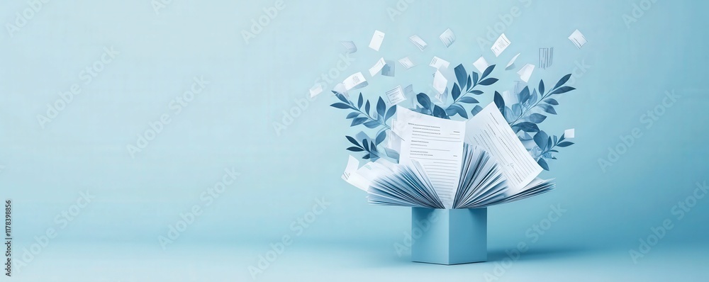 Poster dynamic infographic burst of tax forms and documents minimalist setting visual content calm environm