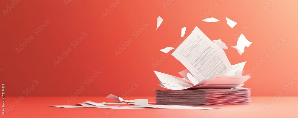 Poster dynamic infographic of exploding tax forms and documents office environment visual content creative 