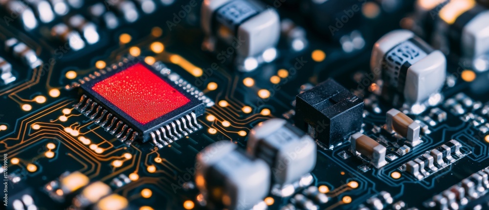 Poster close up red microchip circuit board technology electronics hardware innovation