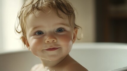 Adorable Baby with Curly Hair Enjoying a Relaxing Bath with Soft Water Bubbles and Bright Natural Light in a Serene Indoor Setting