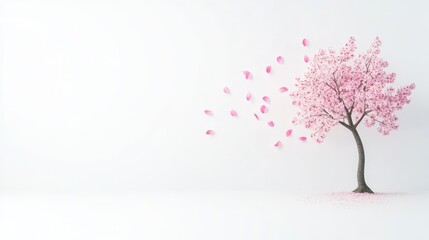 Fototapeta premium A serene pink tree shedding blossoms in a minimalist setting.