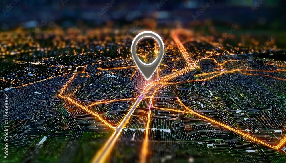 Poster a nighttime aerial view of a city featuring illuminated roads and a location pin symbol, emphasizing