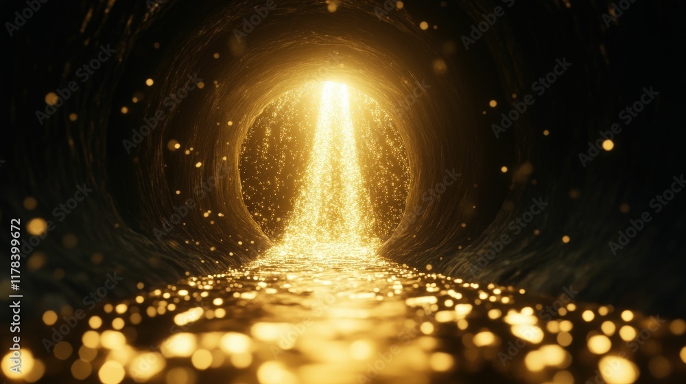 Poster a vibrant golden light streams through a dark tunnel, illuminating a shimmering surface below, creat