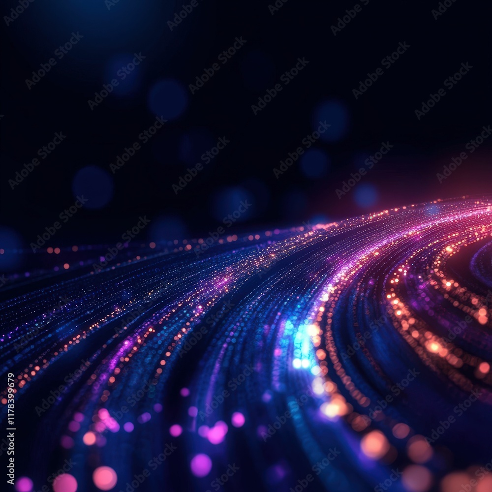 Poster a vibrant, abstract representation of flowing lines with luminous particles, set against a dark back