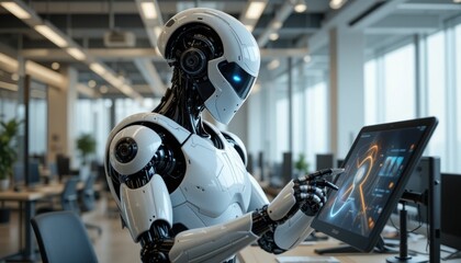 A futuristic robot sits at a desk, illuminated by screens displaying data, symbolizing advanced technology in a modern workspace.