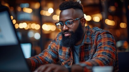 Man in plaid shirt working on laptop at cafe with blurred lights behind.