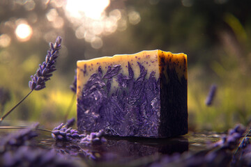  A bar of handmade soap with lavender sprigs and a blurred natural setting
