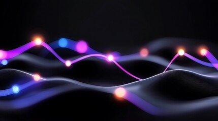 Abstract glowing lines and nodes forming wavy patterns on dark background.