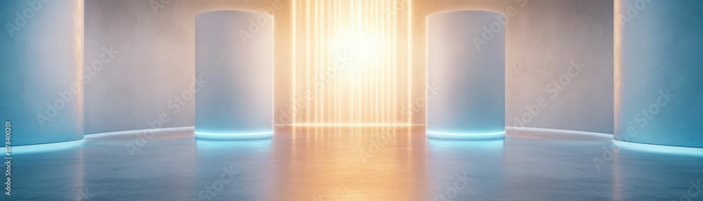 Poster a futuristic, illuminated space featuring glowing columns and a radiant light source, creating a ser