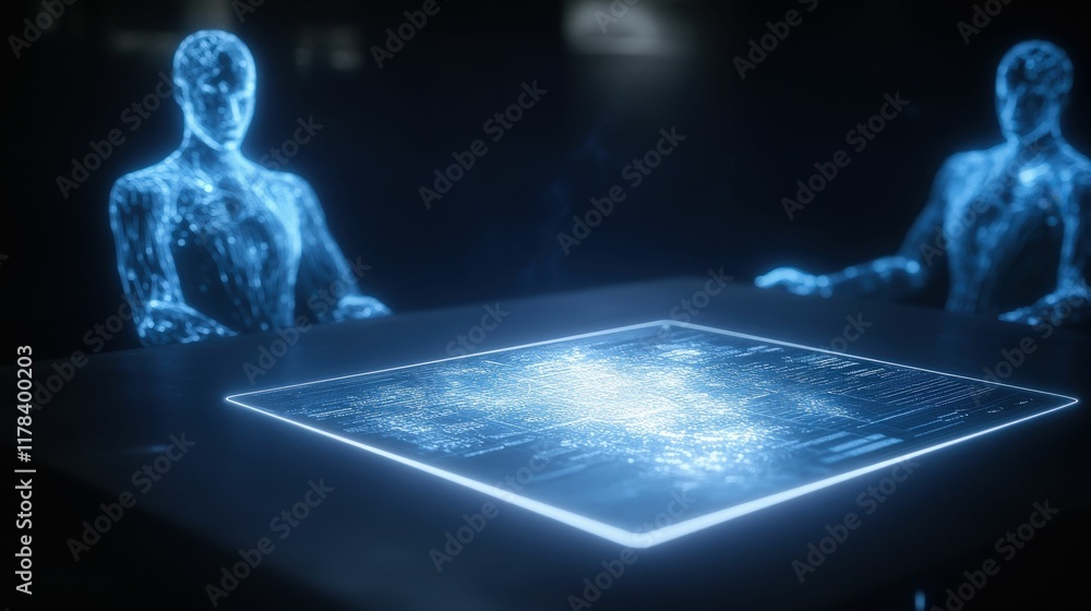 Poster two holographic figures interact around a glowing table displaying a digital map, evoking themes of 