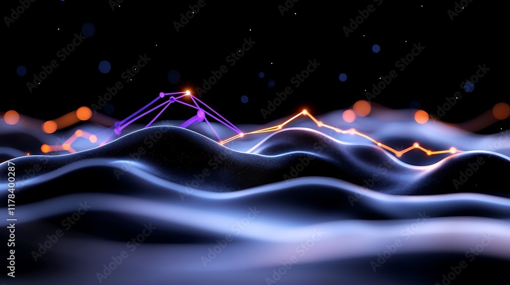 Aufkleber abstract glowing lines connecting nodes over dark wavy surface.