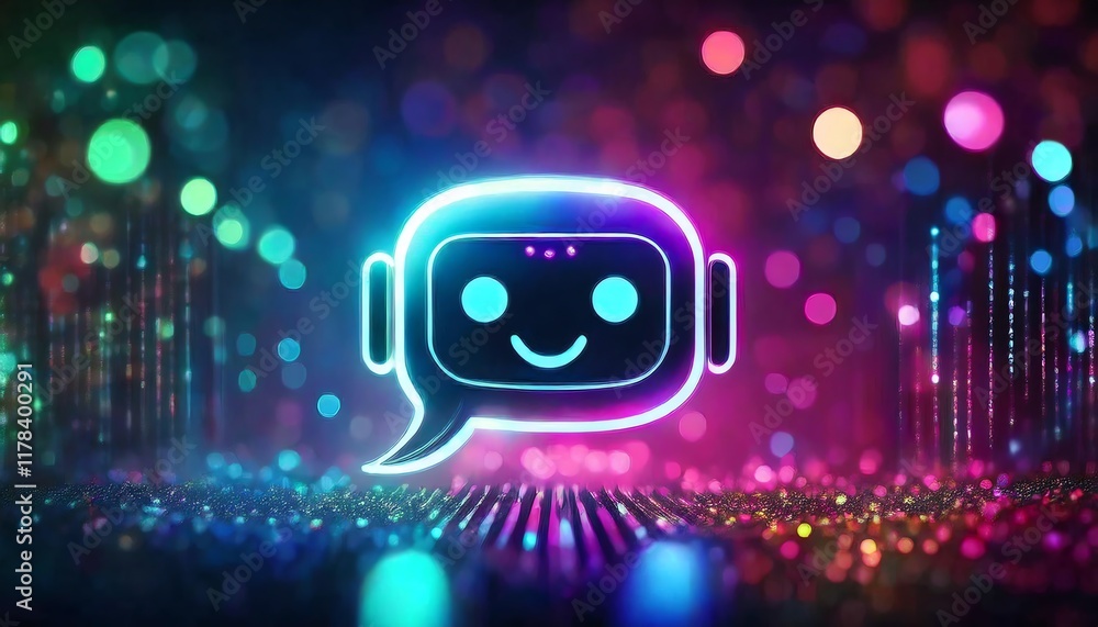 Poster a vibrant, digital chatbot icon with a smiling face, surrounded by colorful bokeh lights and a futur