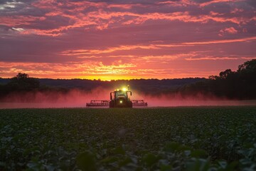 Fototapeta premium Stunning Sunset Over Farm Field with Tractor Silhouette and Vibrant Sky in Rural Landscape