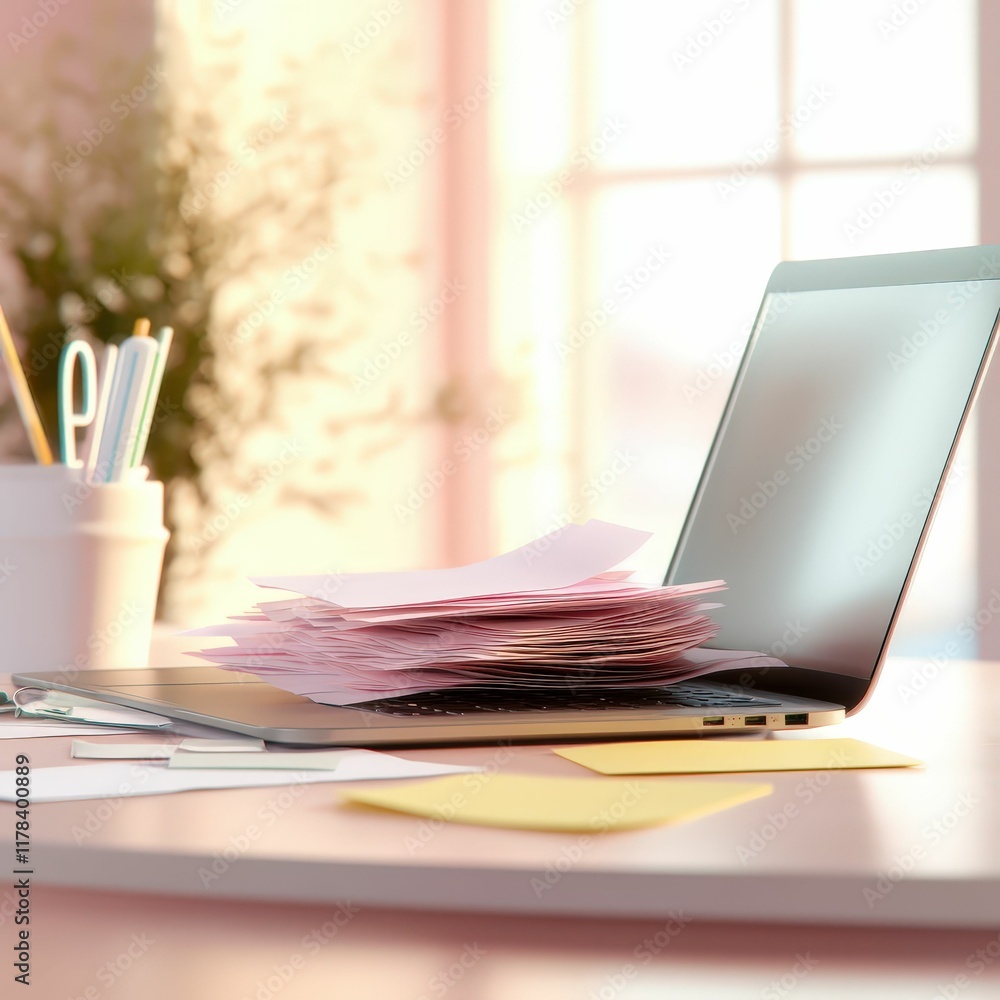 Poster a modern workspace featuring a laptop surrounded by colorful sticky notes and a stack of papers, bat