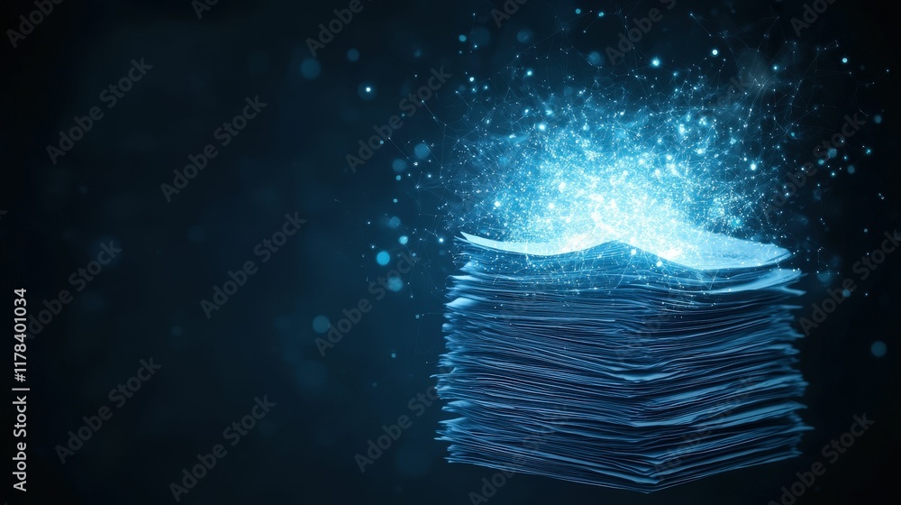 Poster a glowing stack of digital papers emits shimmering particles against a dark background, symbolizing 