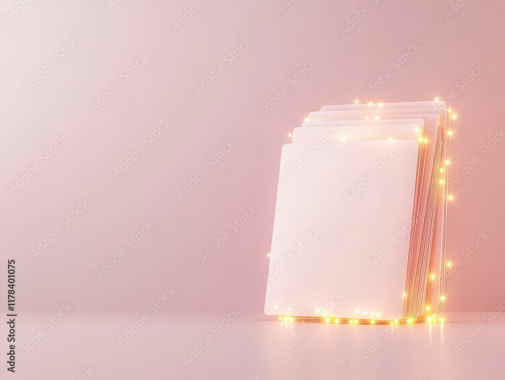 Poster a stack of blank sheets illuminated by warm fairy lights against a soft pink background, creating a 
