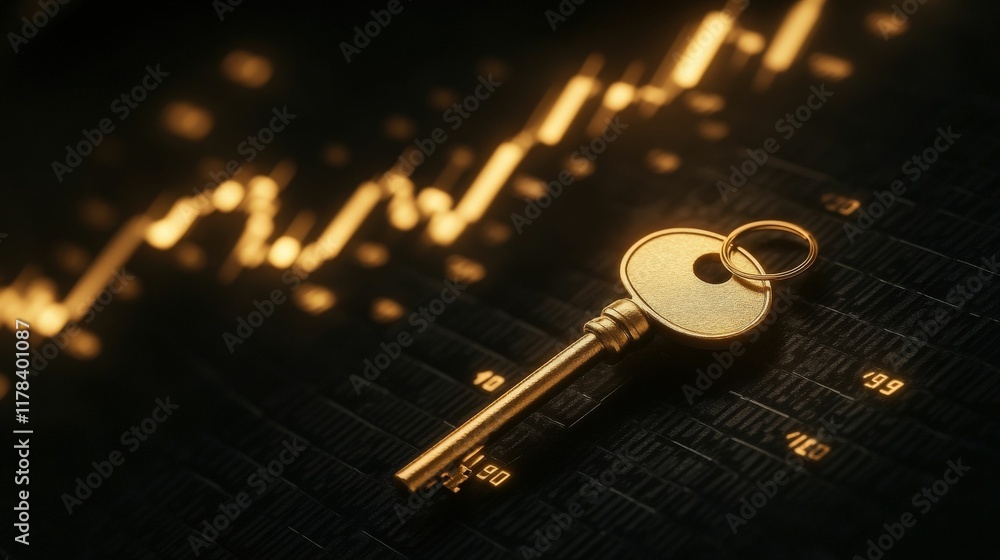 Poster a golden key rests on a textured surface, with a rising graph in the background, symbolizing access 