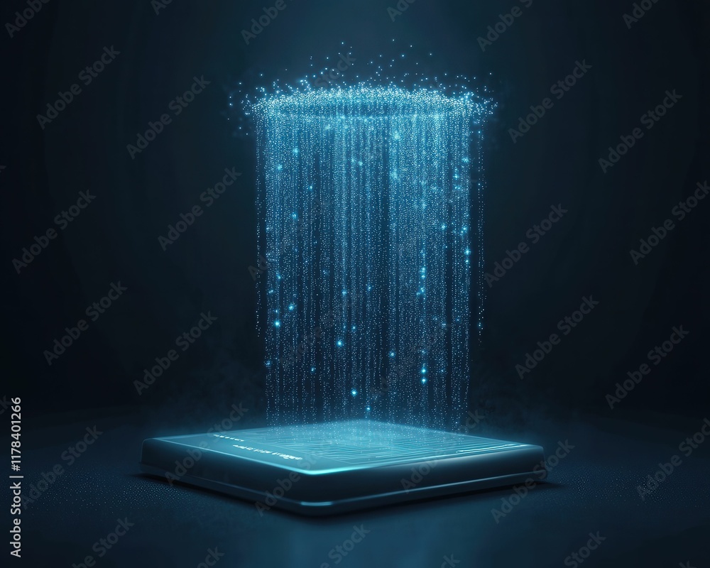 Poster a futuristic platform emits a cascade of glowing blue particles, creating a digital waterfall effect