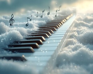 Dissolving Piano Keys Floating into Cloudy Musical Sky