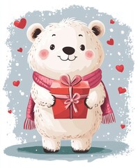 Fototapeta premium A fluffy white bear gently cradles a vibrant red gift, embodying the spirit of love and affection perfect for Valentine's Day celebrations.