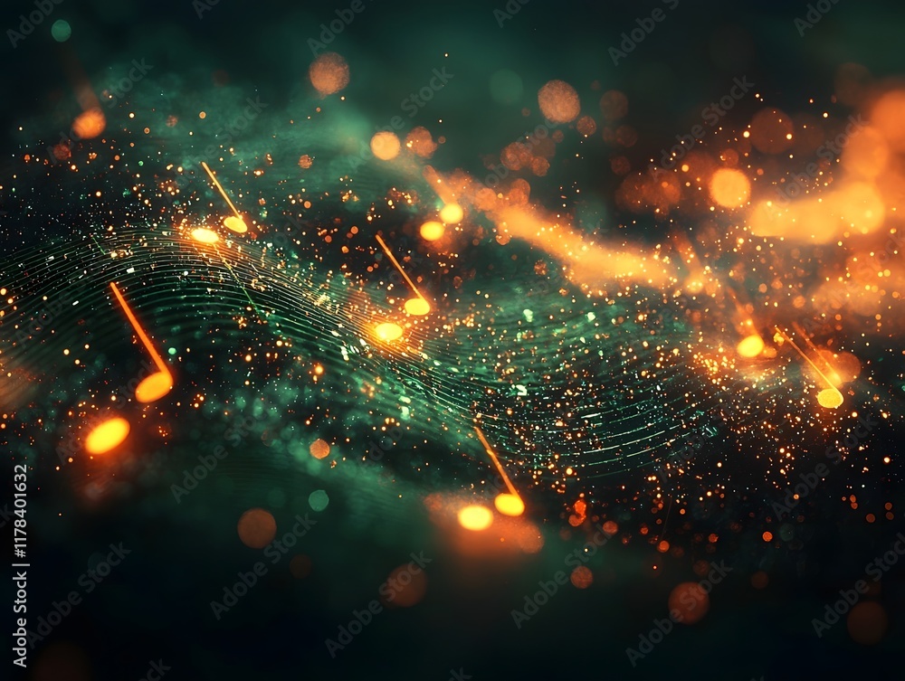 Poster luminous green music notes creating a dark digital matrix effect